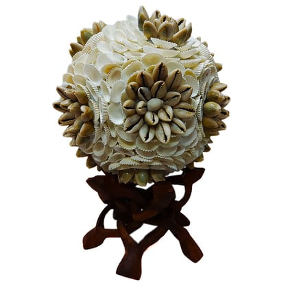 Hubshi Sea Shell Gray Cowrie Flower Ball With 5 Legs Wooden Cobra Stand Handmade