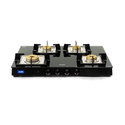 Glen 4 Burner 8mm Toughened Glass Top |Fuel Efficient Brass Burners | Black | Auto Ignition | ISI Certified | 2 Year standard Warranty, 5 years on glass, valve and burner| 1048 GT SQ BL FB AI