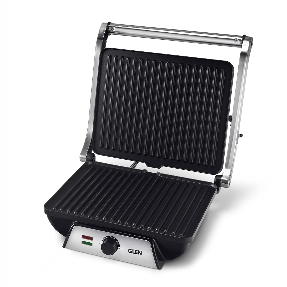 Glen Contact grill toaster sandwich maker, 2000W with Oil Collector Tray and 180 Degree Opening (Silver, 3031)