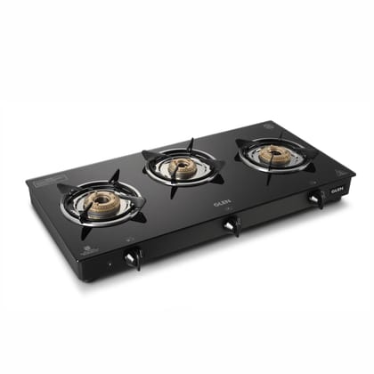 Glen 3 Burner Auto-Ignition Glass Gas Stove with Brass Burner- Black, ISI Certified, 1030 GT BB BL AI 2 Years Warranty