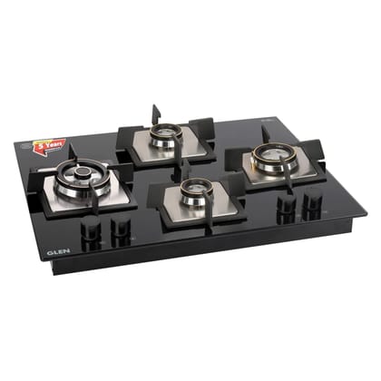 Glen 4 Burner Glass Hob Top Triple Ring Burner Double Ring Forged Brass Burner Auto Ignition (1065 X SQ HT DB TR)