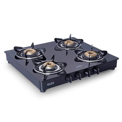 GLEN 1043 GT HF BB Double Drip Tray 4 Burner Manual Glass Gas Stove (Black)