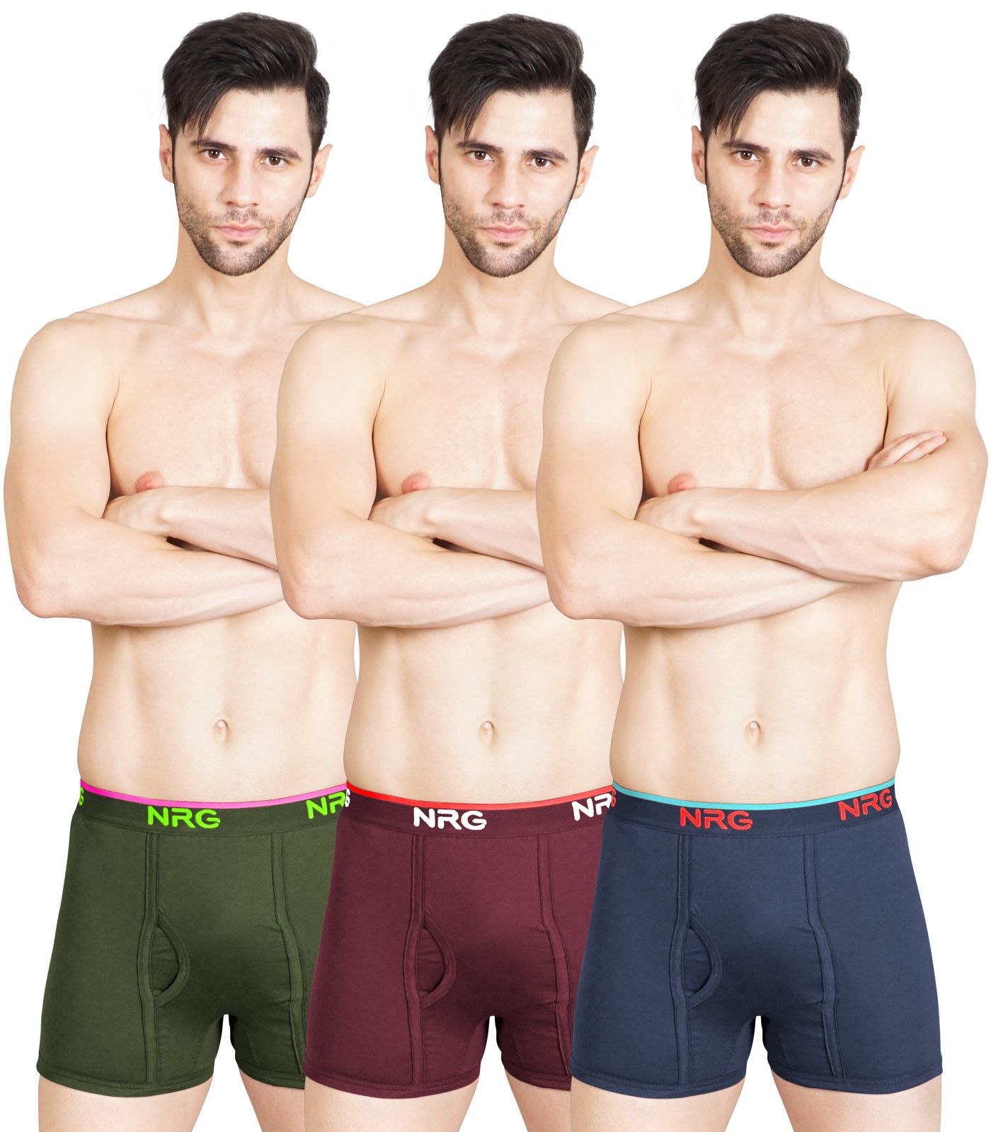 NRG Mens Cotton Assorted Colour Without Pocket Trunks ( Pack of 3 Military Green - Maroon - Navy Blue ) G11