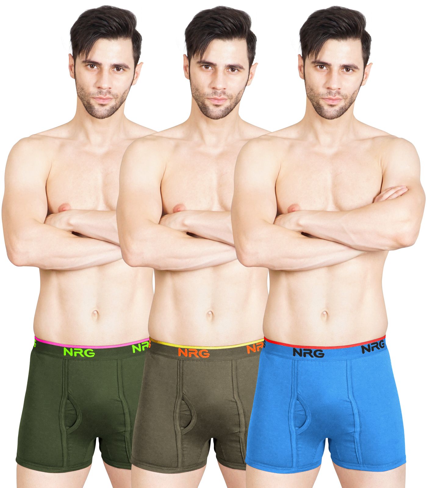 NRG Mens Cotton Assorted Colour Without Pocket Trunks ( Pack of 3 Military Green - Dark Green - Light Blue ) G11