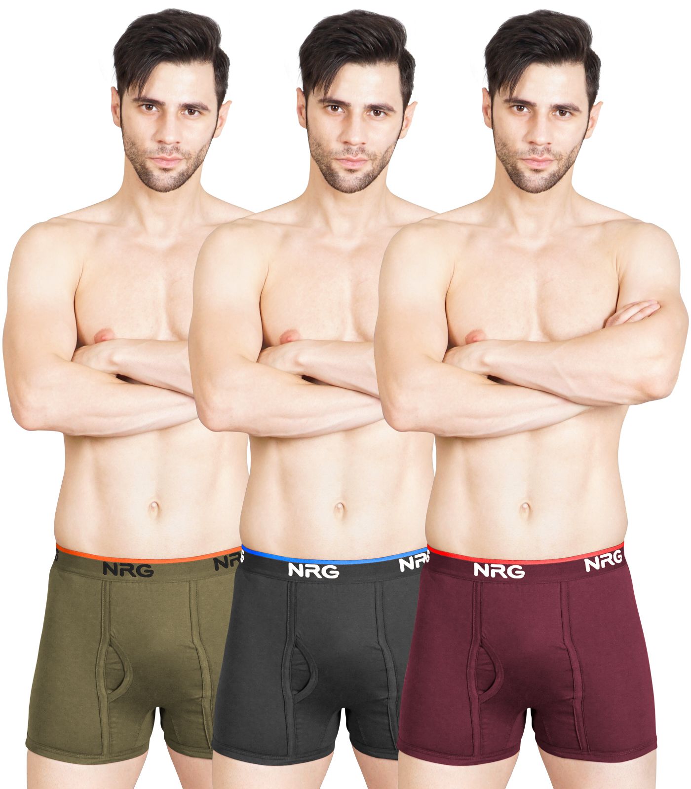 NRG Mens Cotton Assorted Colour Without Pocket Trunks ( Pack of 3 Light Green - Coffee Brown - Maroon ) G11