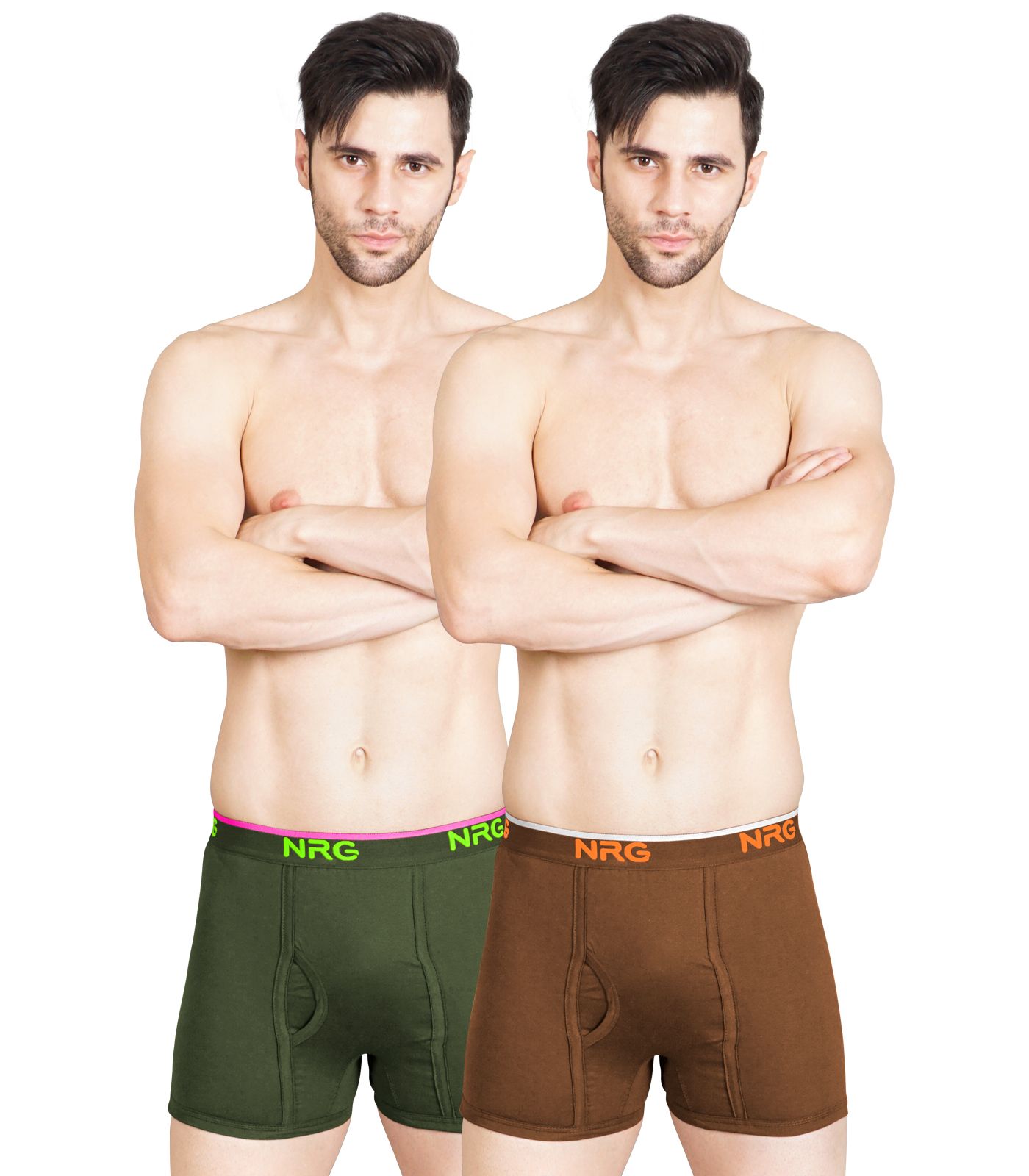 NRG Mens Cotton Assorted Colour Without Pocket Trunks ( Pack of 2 Military Green - Light Brown  ) G11