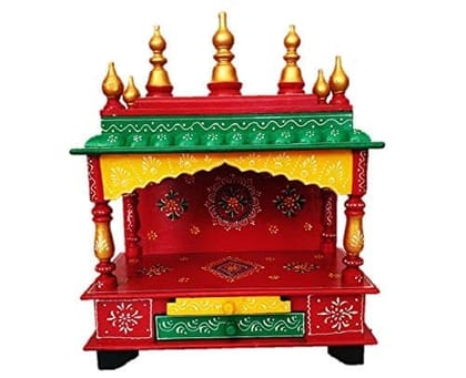 Creative Handicrafts Home Temple, Wooden Temple, Pooja Mandir for Home (15x8x18 inches - Red-Green-Yellow Color)