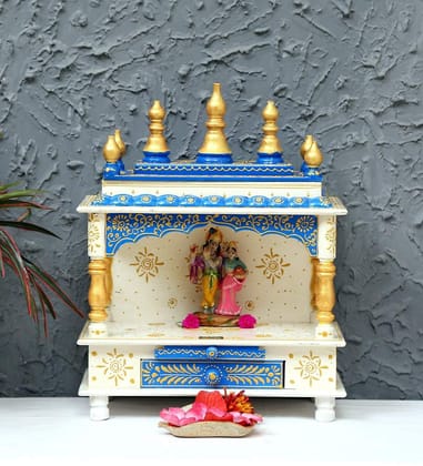 Creative Handicrafts Home Temple, Wooden Temple, Pooja Mandir for Home (15x8x18 inches - White Blue Color)