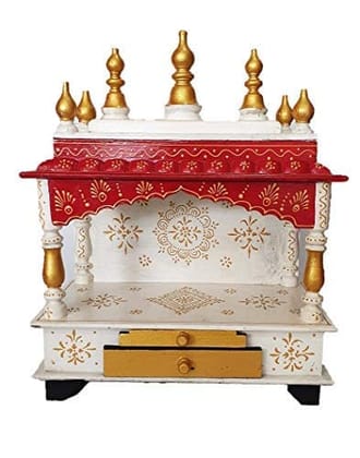 Creative Handicrafts Home Temple, Wooden Temple, Pooja Mandir for Home (15x8x18 inches -White-Red Color- Gold Drawer)