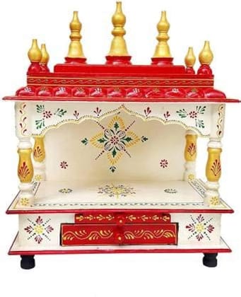 Creative Handicrafts Home Temple, Wooden Temple, Pooja Mandir for Home (15x8x18 inches - White Red Color-06)