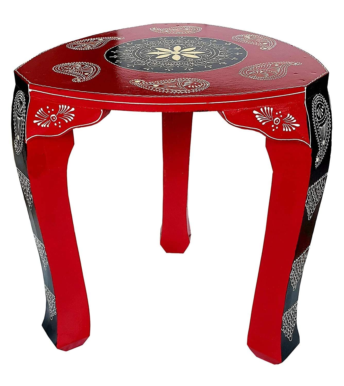 Creative Handicrafts Hand painted 3 Leg Stool | Wood Stool | Wood Table | 3 Leg Stool | Side Table (Red Color)