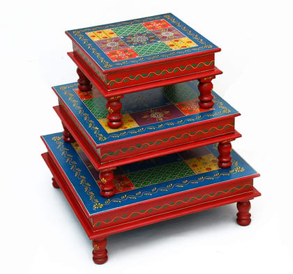 Creative Handicrafts Wood Painted Bajot-Chowki for Pooja/Sitting Chowki for All Purpose/Pooja Decor/Chowki/Patla/Chowki for Daily Prayer Home Décor(18x18x6, 15x15x6, 12x12x6)