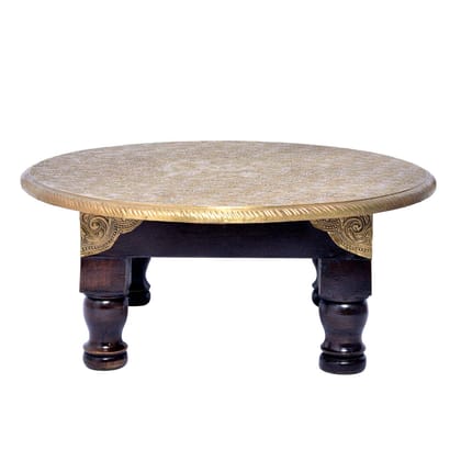 Creative Handicrafts Wood & Brass Chowki | Brass Work Pooja Bajot Stool | Home Decor Sitting Table (Goldcolor_12 x 12 x 6 Inches)