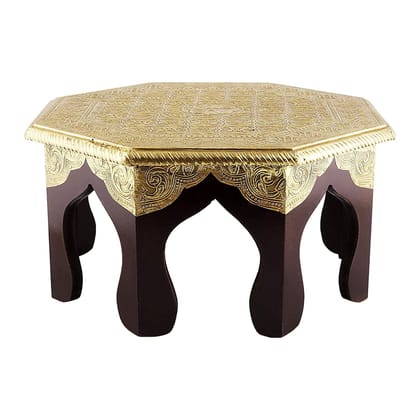 Creative Handicrafts Octagonal Shape Wood Chowki | Brass Work Pooja Bajot Stool | Home Decor Sitting Table (Goldcolor_12,14,16 Inches)