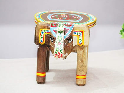 Creative Handicrafts Handcrafted and Hand-Painted Colorful Wooden Elephant Stool, Cum Side Table, for Home/Office/Living or Bedroom Decor(ME005)