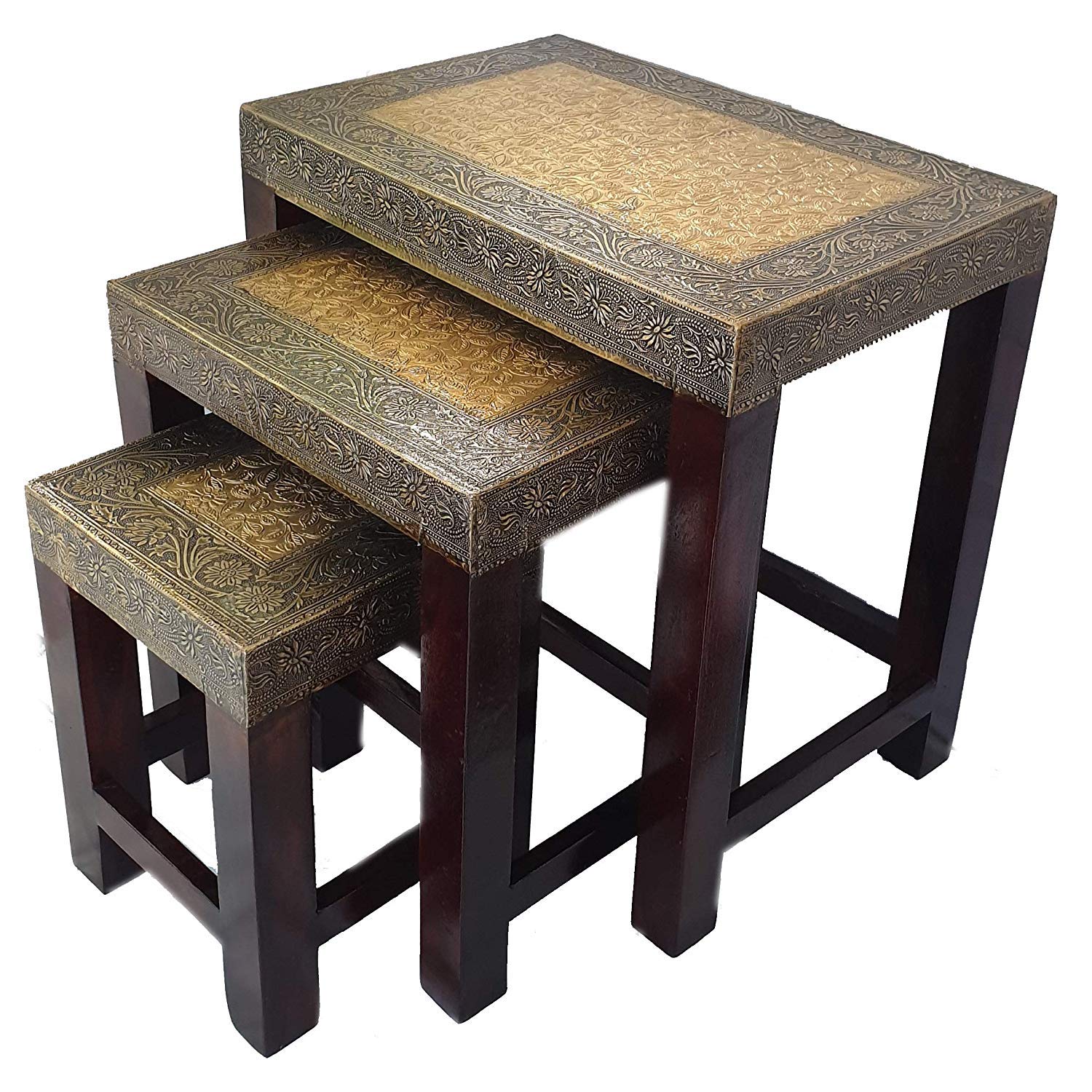 Creative Handicrafts Wood Nesting Stools for Living Room,Brass & Wooden Tables, Wooden Stools | Stool Set of 3