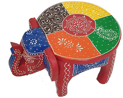 Creative Handicrafts Handcrafted and Hand-Painted Colorful Wooden Elephant Stool, Cum Side Table, for Home/Office/Living or Bedroom Decor (ME001)