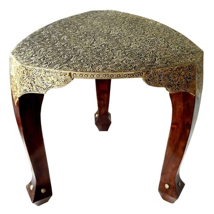Creative Handicrafts Brown & Gold Color Wooden with Brass Work 3 Leg Stool | Wood Stool | Wood Table | 3 Leg Stool | Side Table