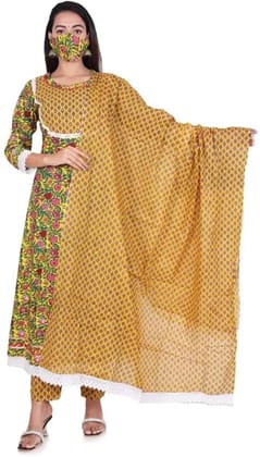 MANMAYEE  Women's Badala Work On Yoke Cotton Kurti With Pant & Dupatta | Flared Kurti Set