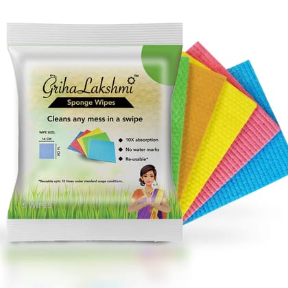 GrihaLakshmi Large Kitchen Sponge Wipes for Cleaning Counter Pack of 5 - 7x7 inches (Newly Upgraded) Ultra Durable Sponge Wipes for Kitchen, Super Absorbent, Reusable Drying Dishes