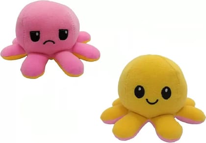 Little Monk | The Moody Reversible Octopus Plushie | Sensory Fidget Toy for Stress Relief | Soft Toys for Kids | Happy + Angry | Show Your Mood Without Saying a Word! (Pink/Yellow)