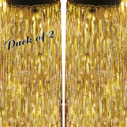 F C Fancy Creation Foil Fringe Curtain for Birthday, Anniversary,Baby Shower,Any Type of Decoration Backdrop Curtain, Metallic Finishing Foil Curtain (Pack of 2, Golden)