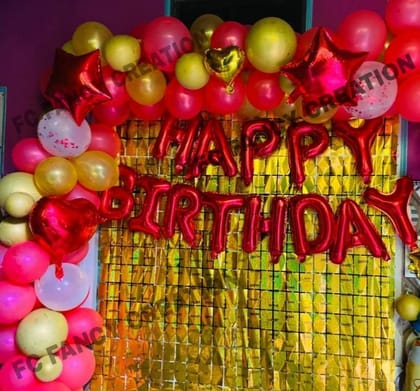 F C Fancy Creation Red and Golden Birthday Decoration Combo Pack Red Happy Birthday Foil Balloon,Star Foil Balloon,Heart Foil Balloon,Golden Square Shape Foil Curtain. (Pack of - 51pc