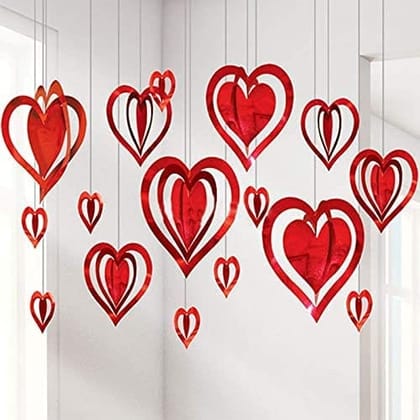 F C Fancy Creation Red Valentine 3D Love Heart Shape Hanging Strip Decoration Kit (Pack of 16 Pcs) Supplies for Your Loved Ones