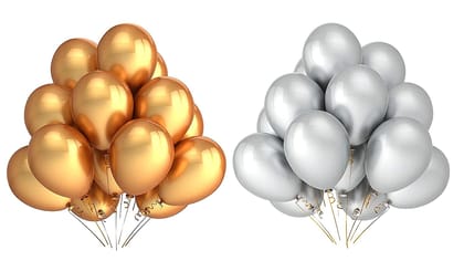 F C Fancy Creation Metallic Rubber Balloons For Birthday Decoration / Anniversary Party Decoration (10 Inch) (Pack of 50, Silver Gold)