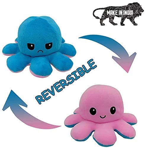 F C Fancy Creation Little Monk | The Moody Reversible Octopus Plushie | Sensory Fidget Toy for Stress Relief | Soft Toys for Kids | Happy + Angry | Show Your Mood Without Saying a Word- Blue/Pink