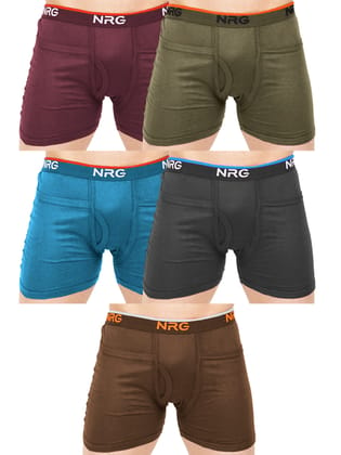 NRG Mens Cotton Assorted Colour Rib Pocket Trunks ( Pack of 5 Maroon - Light Green - Turquoise - Coffee Brown - Light Brown ) G14