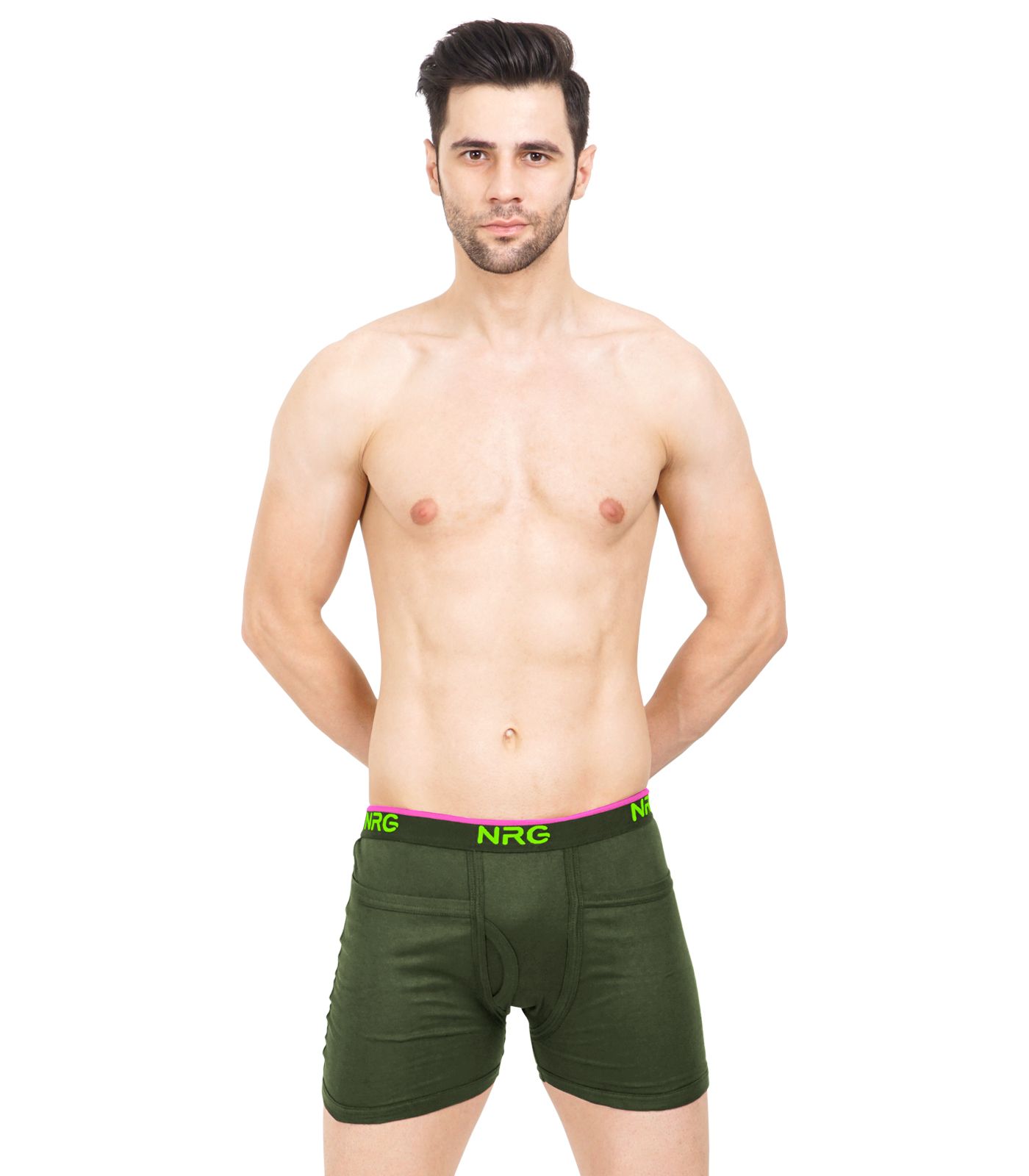 NRG Mens Cotton Assorted Colour Rib Pocket Trunks ( Pack of 1 Military Green ) G14