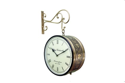 VaraArt Metal Analog  Double Sided Vintage Station Wall Clock  (Dial-10 Inches Brass)