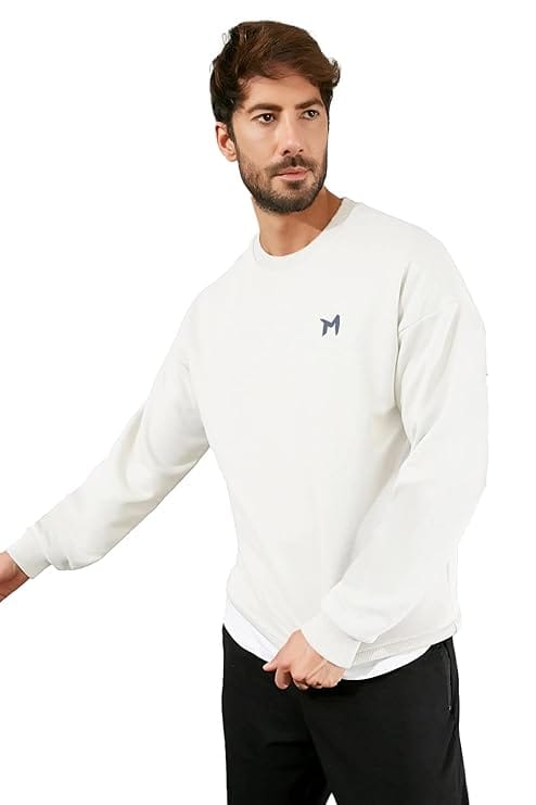 Mebadass Solid Cotton Blend Mens Round Neck Relaxed Fit Sweatshirt