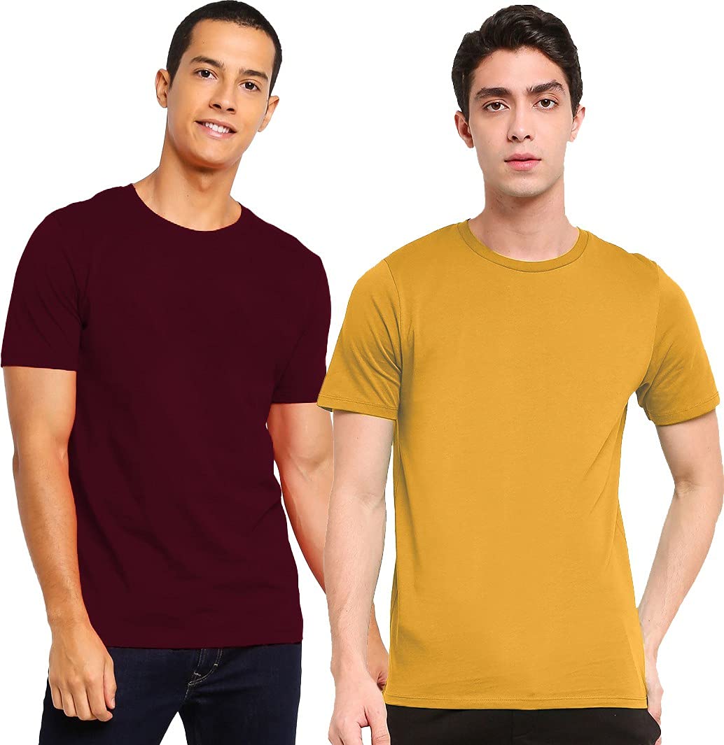 Mebadass Men's Regular Fit Plain Cotton T-Shirt(Combo Pack of 2)-Wine Magenta & Mustard Yellow