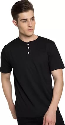 mebadass  Men Solid Mandarin Collar Cotton Blend Black T-Shirt