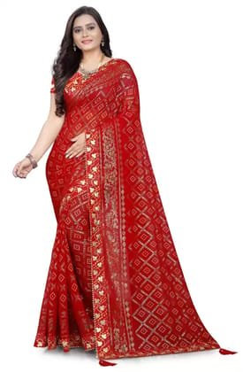 VRUNDA FASHION  Embroidered, Self Design Bandhani Georgette Saree with blouse (Red)