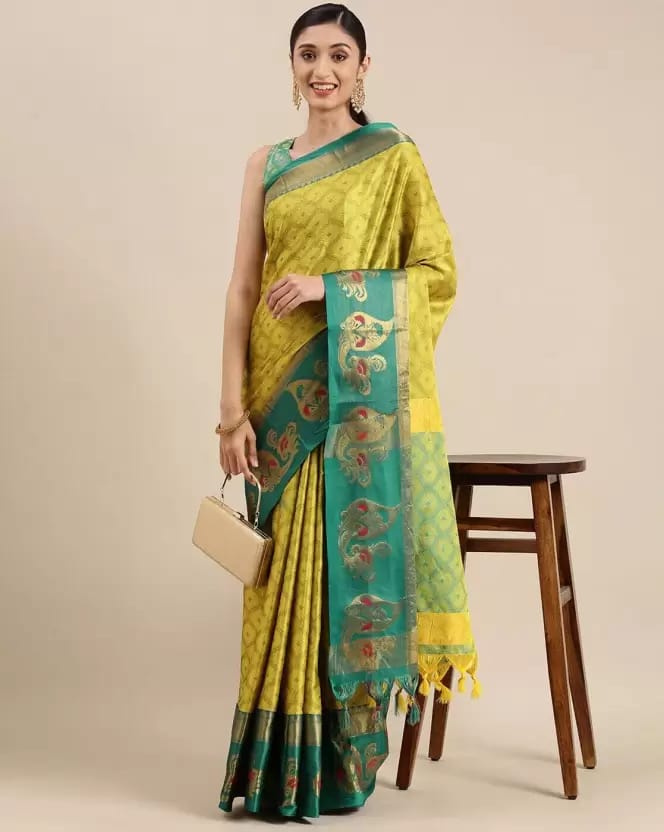 VRUNDA FASHION CLUB  Woven Bollywood Jacquard Saree with blouse  (Yellow)