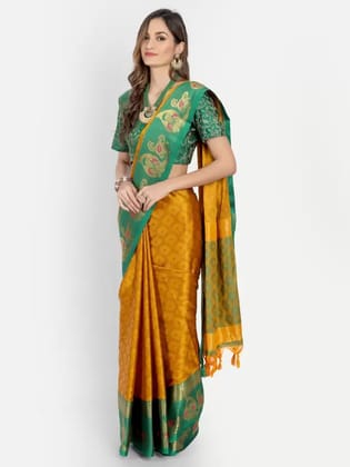 VRUNDA FASHION CLUB  Self Design Gadwal Silk Blend Saree with blouse (Yellow)