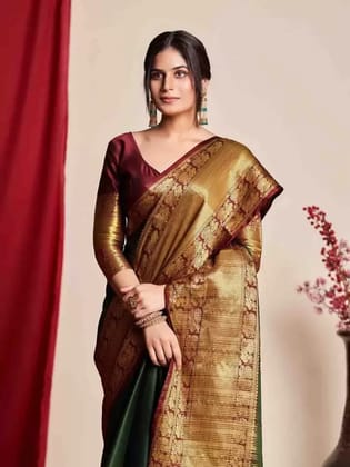 VRUNDA FASHION CLUB  Solid/Plain Daily Wear Cotton Silk Saree with blouse (Green)