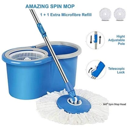 Plastic Basket 360 Degree Self Spin Wringing Floor Cleaning Mop C- Green with 2 Super Absorbers for Office and Home