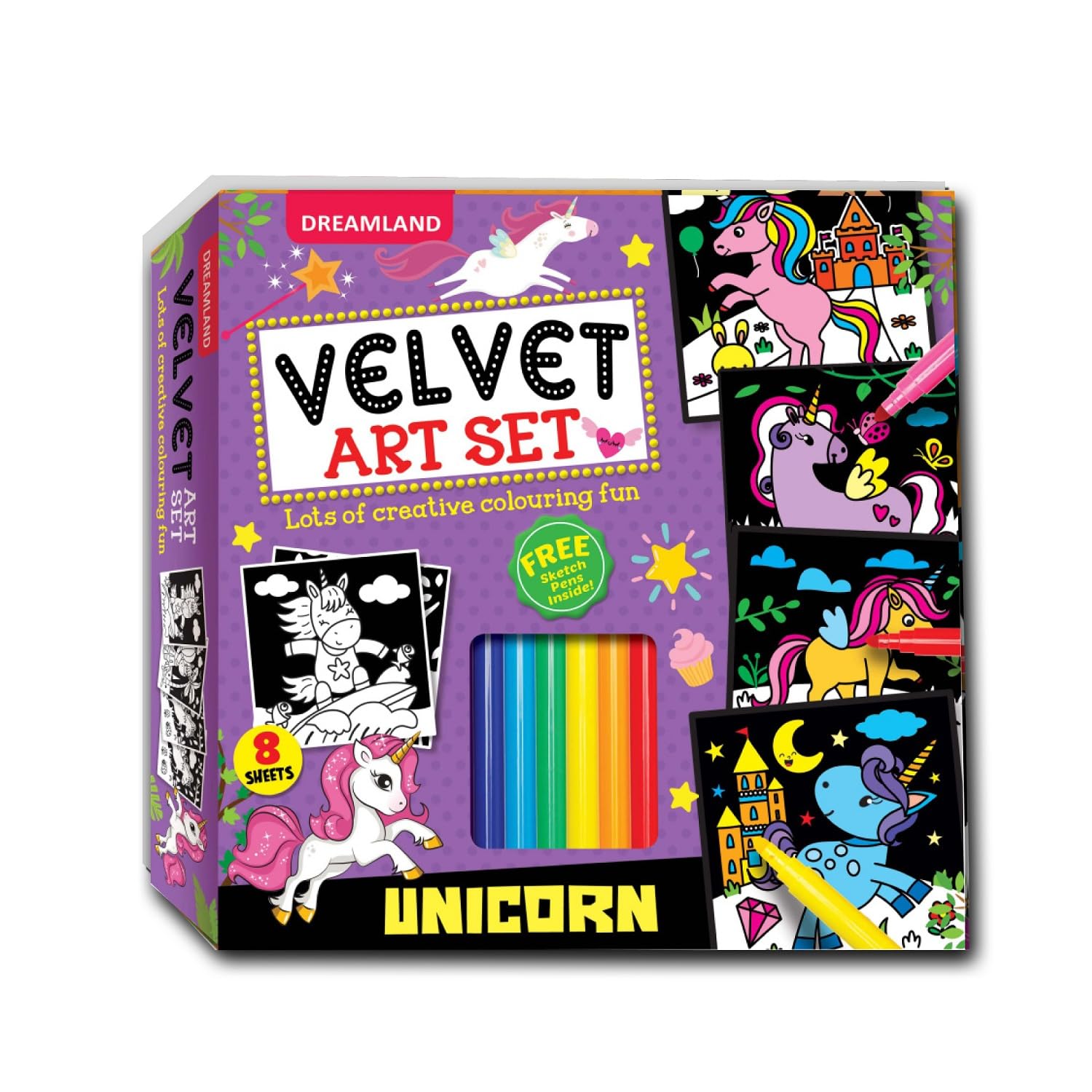 Dreamland Unicorn - Velvet Art Set With 10 Free Sketch Pens : Children Colouring Activity Pack Box set