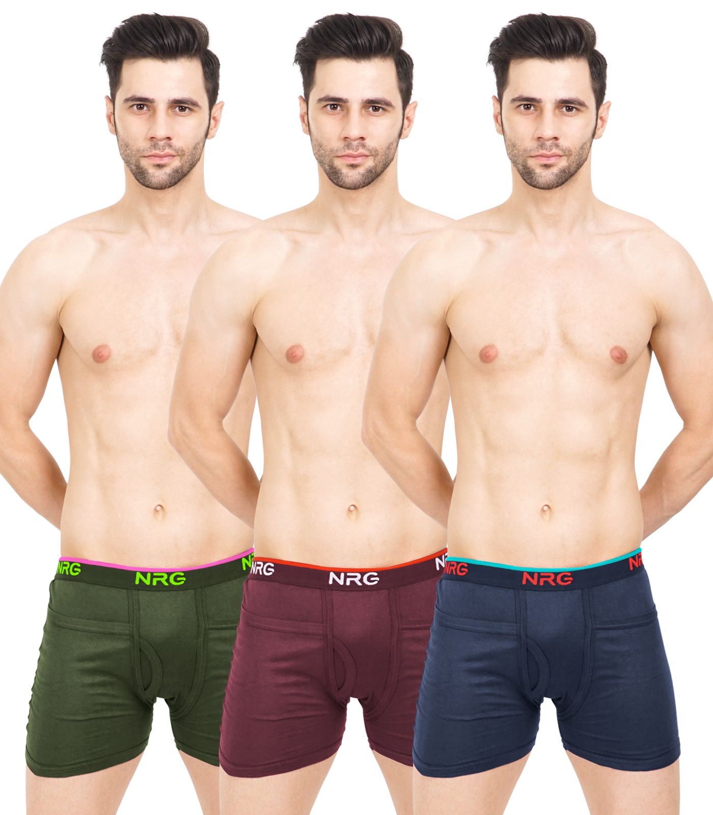 NRG Mens Cotton Assorted Colour Rib Pocket Trunks ( Pack of 3 Military Green - Maroon - Navy Blue ) G14