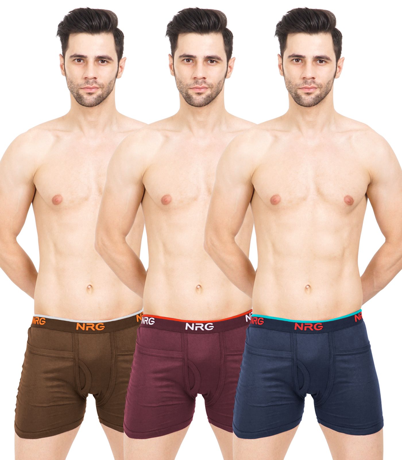 NRG Mens Cotton Assorted Colour Rib Pocket Trunks ( Pack of 3 Light Brown - Maroon - Navy Blue ) G14