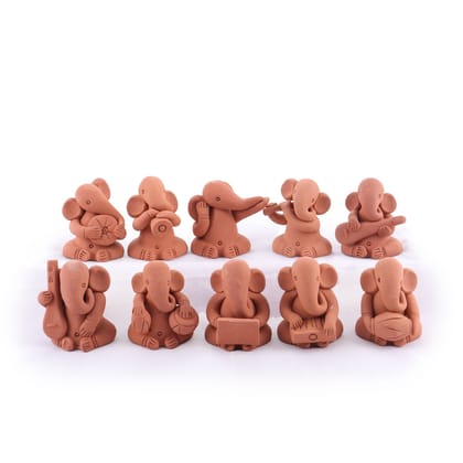 Tisser Arisans Terracota Handmade Musical Ganesh (Set of 10) For Dome Decorative