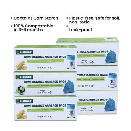 Ecolastic 100% Compostable & Eco-friendly Garbage Bags I LARGE (24 x 30 in.) I 60 bags I Pack of 6 I Capacity 80L I Green Colour