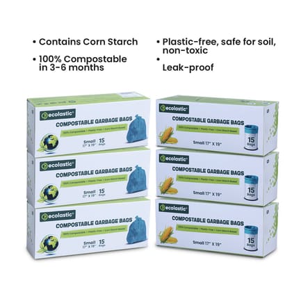 Ecolastic 100% Compostable & Eco-friendly Garbage Bags I SMALL (17 x 19 in.) I 90 bags I Pack of 6 I Capacity 20L I Green Colour