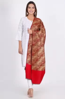 Vrinde Wool Self Design Women Shawl  (Red)