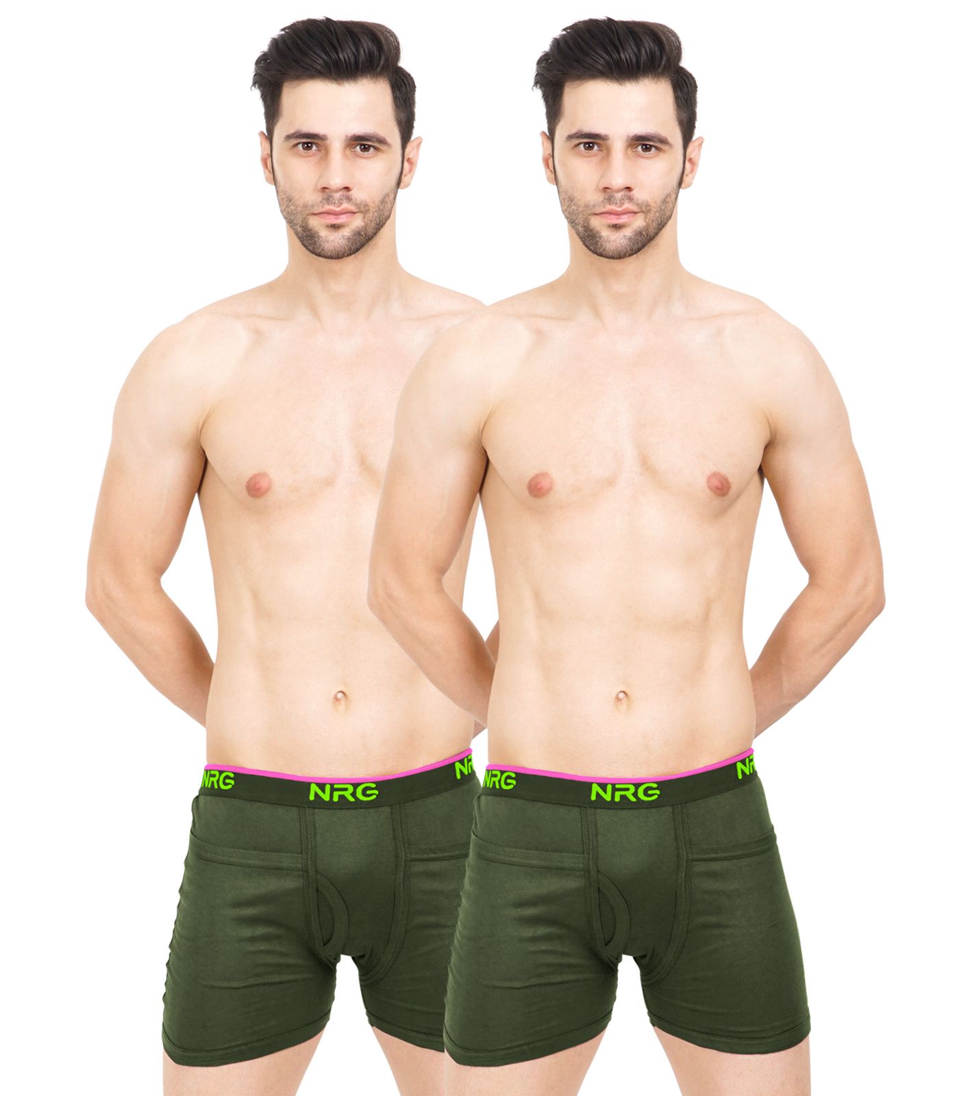 NRG Mens Cotton Assorted Colour Rib Pocket Trunks ( Pack of 2 Military Green - Miliatry Green ) G14