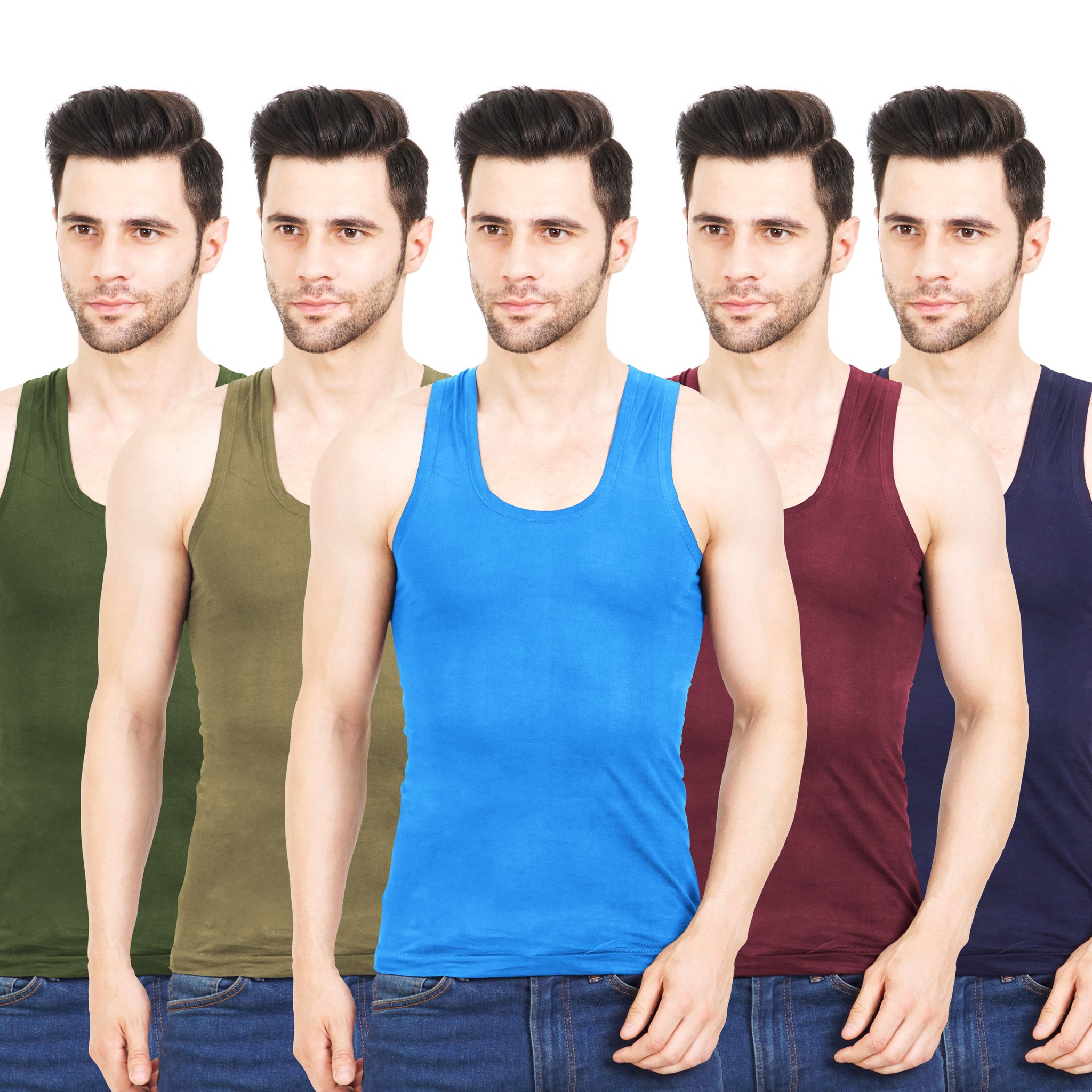 NRG Mens Sleeveless Colour Cotton Vest ( Pack of 5 Military Green - Dark Green - Light Blue - Maroon - Navy Blue ) G23